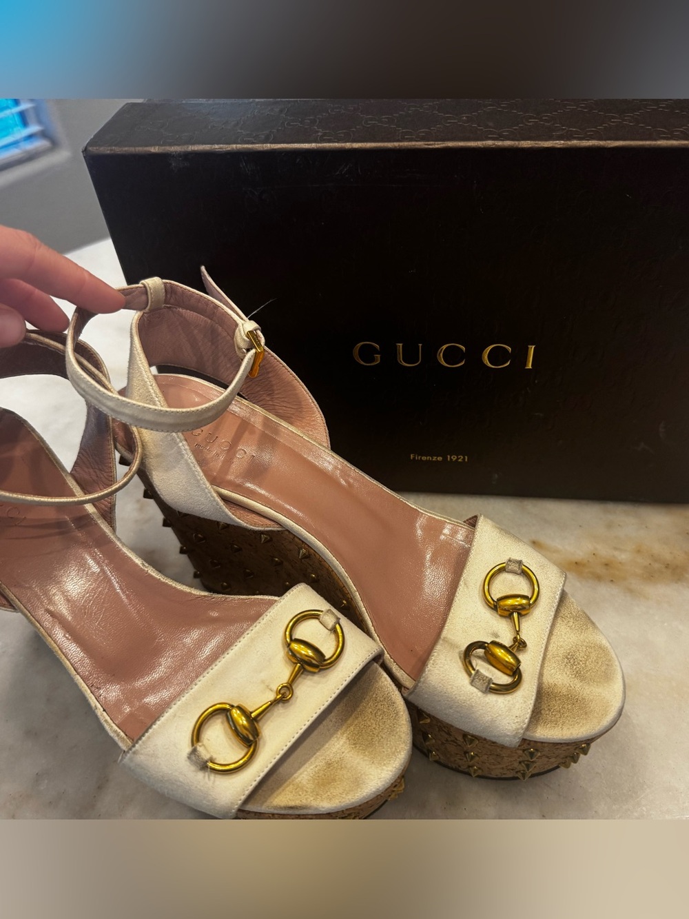 Gucci Cream Suede Cork Platform Sandals with Gold Horsebit & Studs - Picture 2 of 6